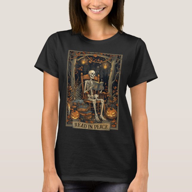 T-shirt Lecture drôle en paix squelette Halloween Lecture  (Devant)