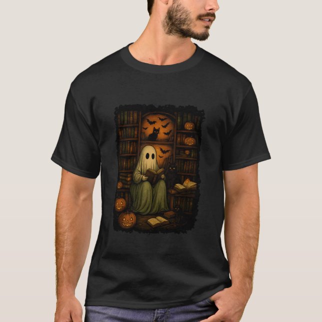 T-shirt Lecture fantôme avec des chats dans une bibliothèq (Devant)