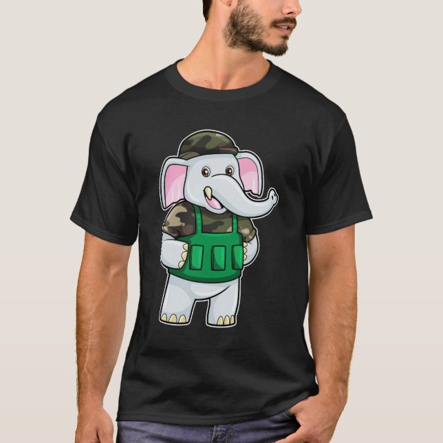 T-shirt L'éléphant comme soldat avec uniforme et casque (Devant)
