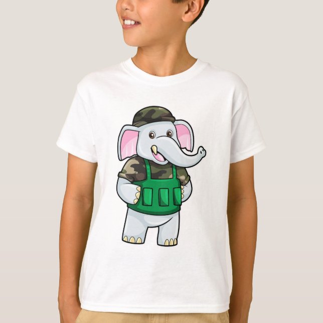 T-shirt L'éléphant comme soldat avec uniforme et casque (Devant)