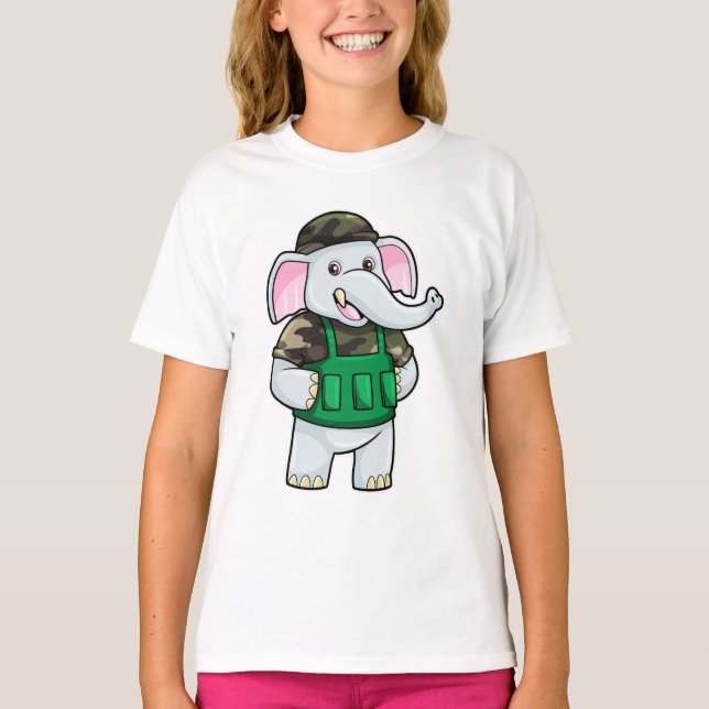 T-shirt L'éléphant comme soldat avec uniforme et casque (Devant)