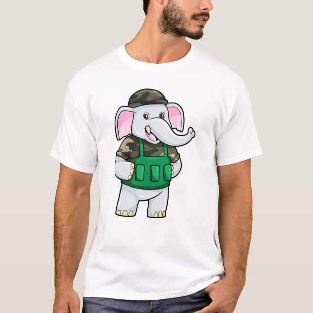 T-shirt L'éléphant comme soldat avec uniforme et casque (Devant)