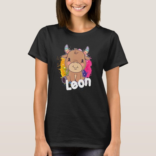 T-shirt LEON Cute Boy Nom avec adorable Vache (Devant)