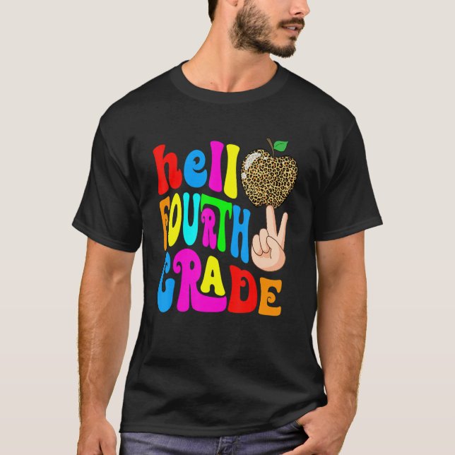 T-shirt Leopard Apple Hello 4th Grade Teacher Kids Back To (Devant)