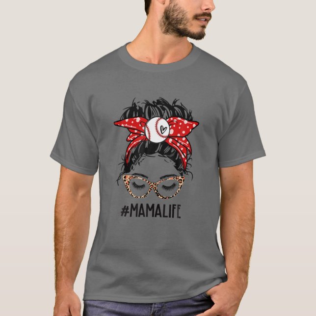 T-shirt Léopard Baseball Mama Life Messy Bun Jeu Jour Moth (Devant)