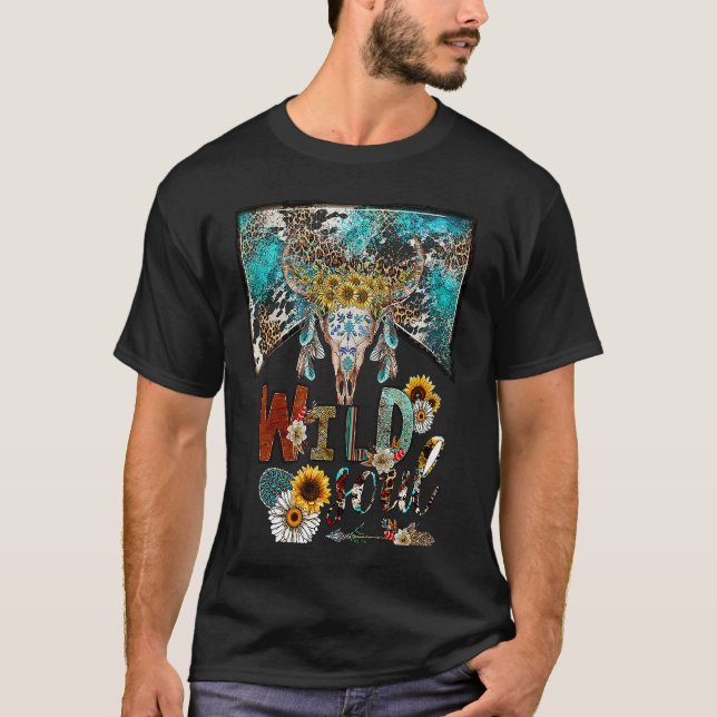 T-shirt Leopard Boho Bull Skull Wild Soul Hippie Western C (Devant)