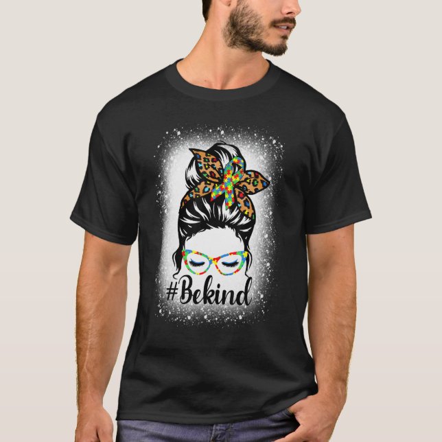 T-shirt Leopard Bun Messy Be Kind Autism Awareness Filles  (Devant)