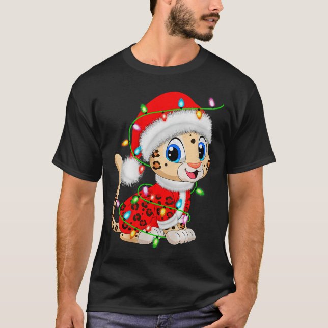 T-shirt Leopard Christmas Lights Santa Costume Cute Animal (Devant)