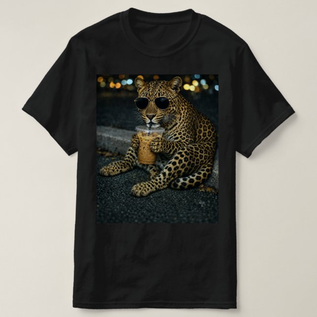 T-shirt Léopard Cool Avec Lunettes De Soleil Café Glacé  (Design devant)