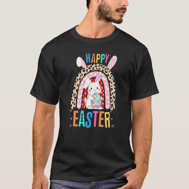T-shirt Leopard Easter Rainbow Bunny Rabbit Trio mignonne  (Devant)