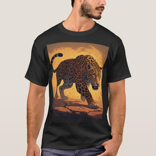 T-shirt Léopard Féroce Errant au Coucher du Soleil (Devant)