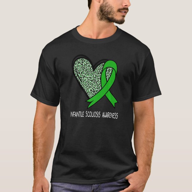 T-shirt Leopard Heart Infantile Scoliosis Awareness Green  (Devant)