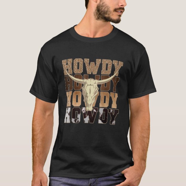 T-shirt Leopard Howdy Bull Skull Rodeo Texas Western Count (Devant)