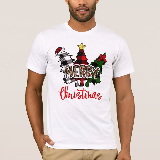 T-shirt Léopard Joyeux Noël Arbre Plaid Buffle (Devant)