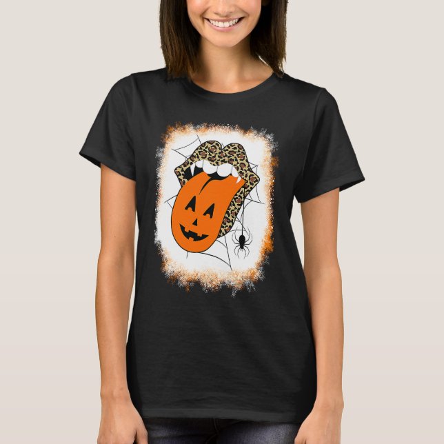 T-shirt Leopard Lips Halloween Lips Vampire Mouth Pumpkin  (Devant)
