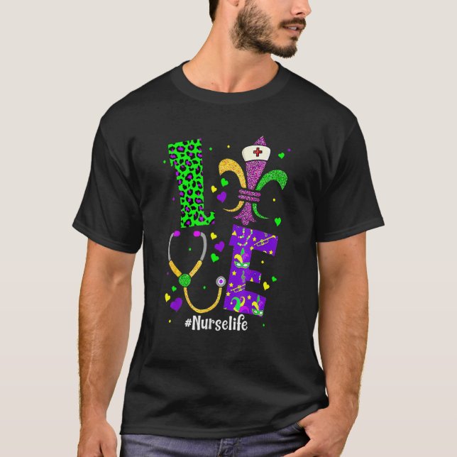 T-shirt Leopard Love Nurse Life Scrub Nurse Mardi Gras W (Devant)