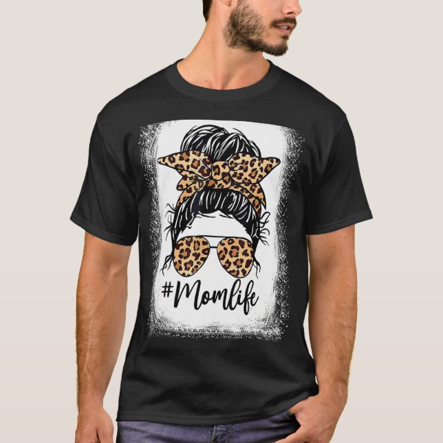 T-shirt Leopard Messy Bun Lunettes de cheveux Maman Vie Mè (Devant)