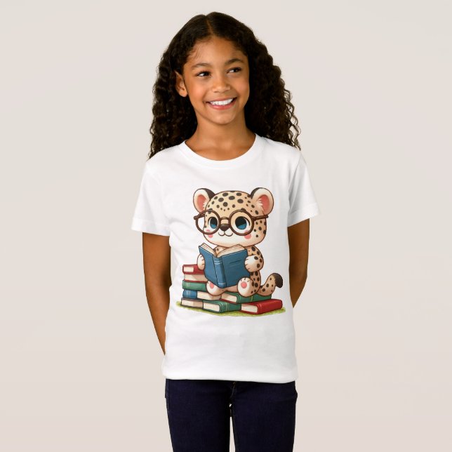 T-Shirt Léopard Mignon en Train de Lire (Devant entier)