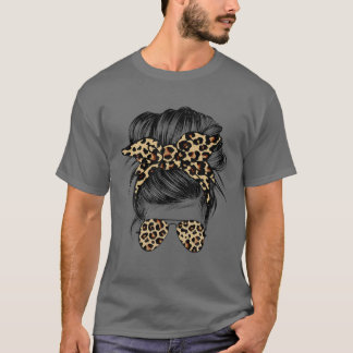 T-shirt Leopard Mom Messy Bun Hair Sunglasses Headband Wom
