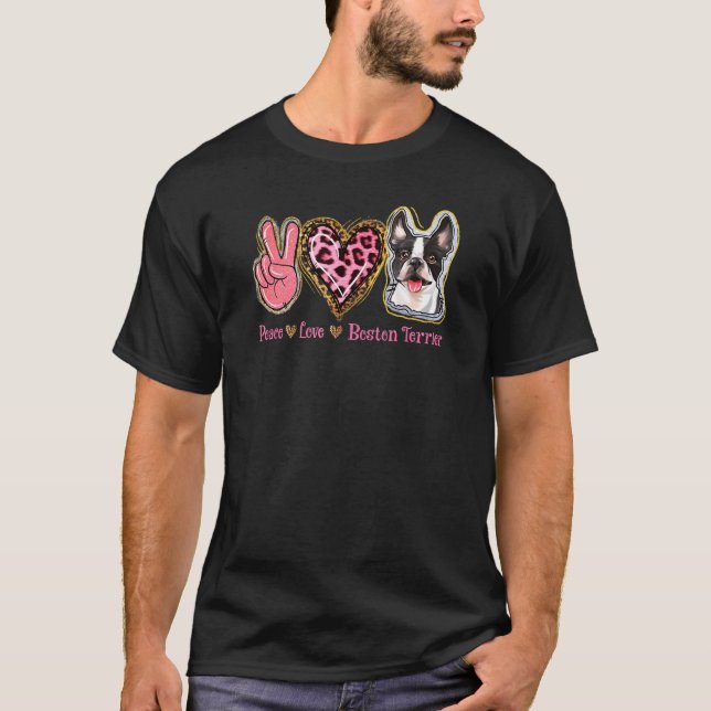 T-shirt Leopard Peace Love Boston Terrier Funny Boston Ter (Devant)