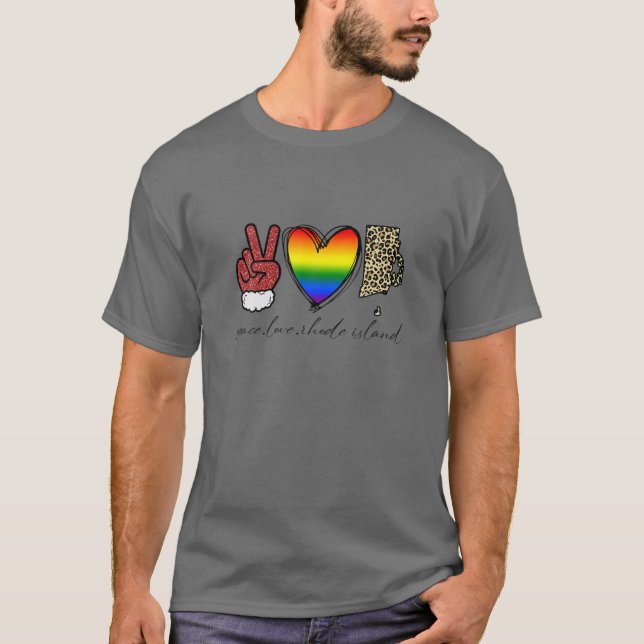 T-shirt Leopard Peace Love Rhode Island Heart LGBT Pride C (Devant)