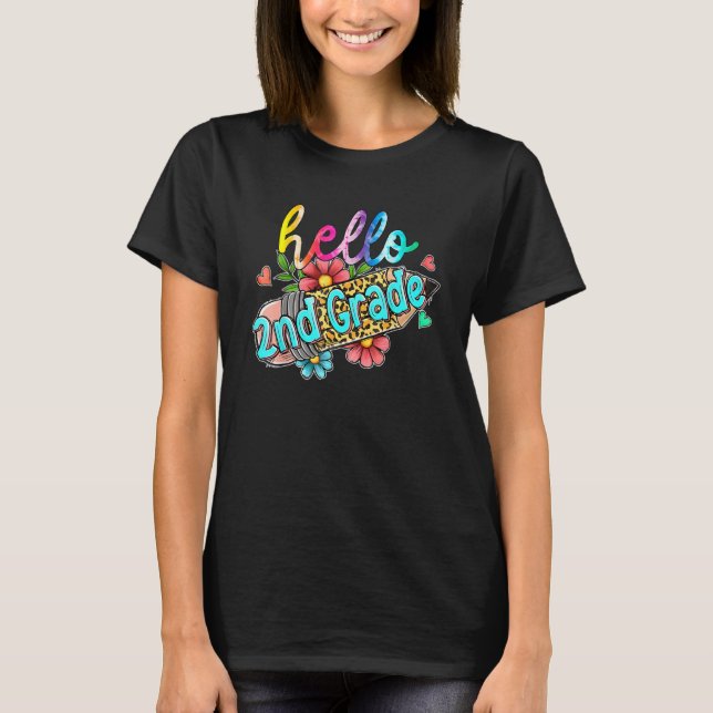 T-shirt Leopard Pencil Hello 2nd Grade Back To School Kids (Devant)