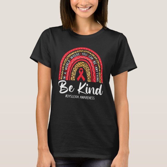 T-shirt Leopard Rainbow Be Kind Red Ribbon Dyslexia Awaren (Devant)