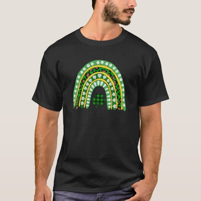 T-shirt Leopard Rainbow Shamrock St Patrick's Day L (Devant)