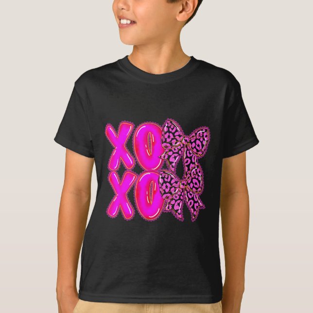 T-shirt Leopard Xoxo Coquette Bow Hearts Valentine's Day W (Devant)