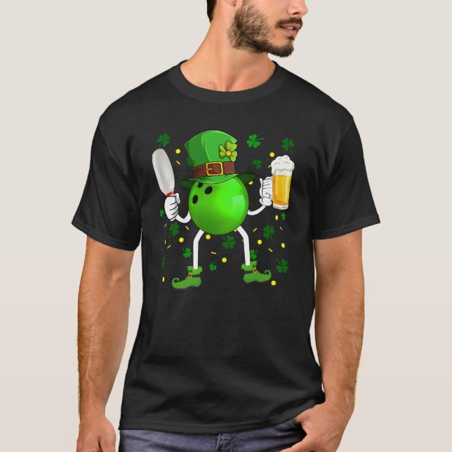 T-shirt Leprechaun Bowling Ball Pin & Glass Of Beer St Pat (Devant)