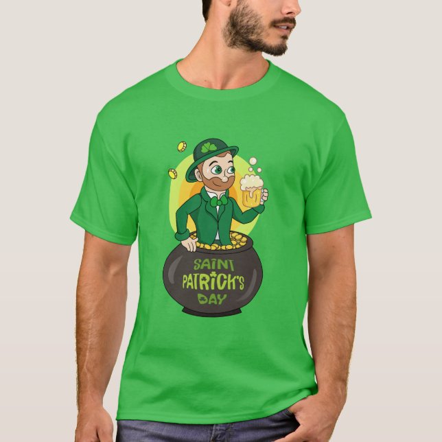 T-shirt Leprechaun de dessin dans une casserole d'or tenan (Devant)