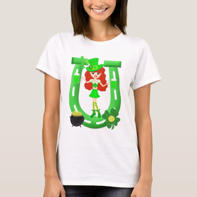 T-shirt Leprechaun fille à tête rouge de St Pat's Day (Devant)