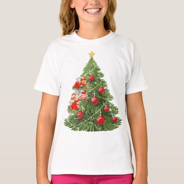 T-shirt Les anges décorant l'arbre de Noël (Devant)