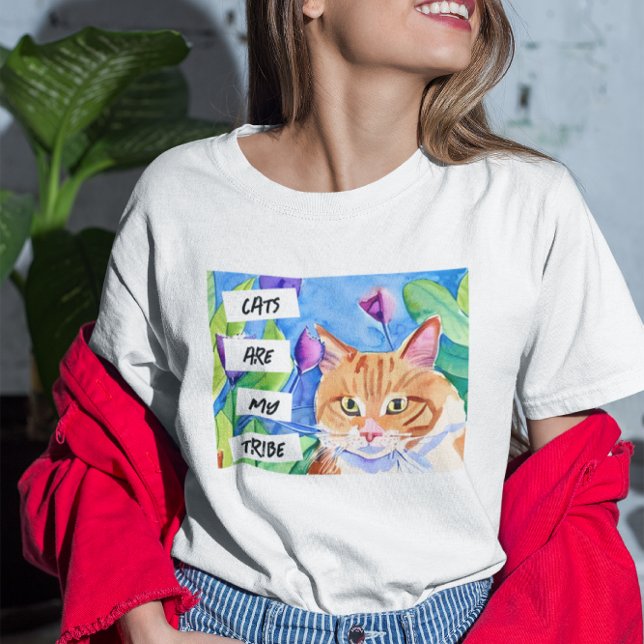 T-shirt Les chats sont ma tribu | Chat orange et fleurs (Créateur téléchargé)
