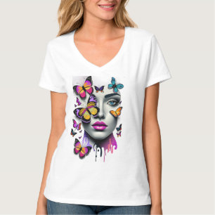 T-shirt Les femmes visage et papillons, imaginaire