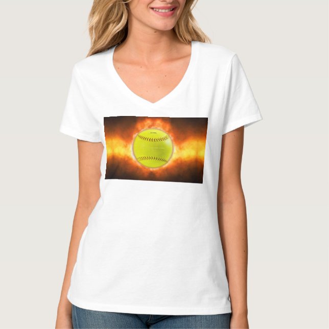 T-shirt Les flammes de balle rapide de softball jaune de S (Devant)