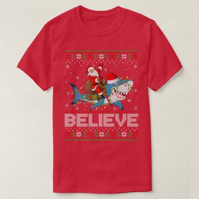 T-shirt Les lumières de Noël requin Croire Père Noël laid  (Design devant)