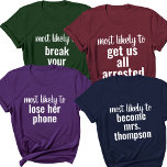 T-shirt Les Plus Probables À Bachelorette Party Voyage de<br><div class="desc">Célébrez votre équipe de filles avec notre T-shirt personnalisé Voyage de filles le plus probable à Bachelorette! Ces chemises sont l'ajout parfait aux vacances de vos filles, ajoutant une touche d'humour et d'unité à la célébration. Conçus avec un thème amusant et correspondant à celui de "Très Probable à", ces tee...</div>