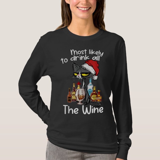 T-shirt Les Plus Probables De Boire Tout Le Vin Drôle Chat (Devant)