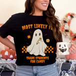 T-shirt Les Plus Probables De Rapprocher Halloween Enseign<br><div class="desc">Élevez votre esprit d'Halloween et présentez l'unité de votre équipe avec le T-shirt de l'enseignant de fantôme d'Halloween "Les plus susceptibles de correspondre." Conçu avec les enseignants en tête, ce maillot combine l'humour et l'acclamation de vacances d'une manière amusante et à la mode. Son thème "Le plus susceptible de" ajoute...</div>