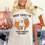 T-shirt Les Plus Probables De Rapprocher Halloween Enseign<br><div class="desc">Présentez notre T-shirt "Les plus probables" de Halloween Ghost Teacher, l'ajout ultime à votre garde-robe Halloween qui combine plaisir, confort et personnalisation. Ce t-shirt cadeau enseignant rétro éffrayant est parfait pour les éducateurs qui cherchent à célébrer la saison avec une touche d'humour. Doté d'un design fantôme charmant, ce chemisier est...</div>