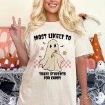 T-shirt Les Plus Probables De Rapprocher Halloween Enseign<br><div class="desc">Offrez-vous la saison éffrayante avec le T-shirt de l'enseignant de fantôme d'Halloween le plus susceptible de correspondre. Parfait pour les éducateurs qui veulent célébrer Halloween avec une touche d'humour, cette chemise est conçue pour être la chemise d'enseignant ultime Halloween. Doté d'un thème ludique "Les plus probables à", cette chemise apportera...</div>