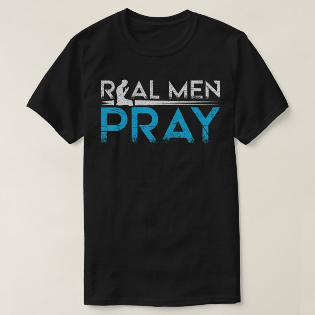 T-shirt Les vrais Hommes Prient Mains Croix Jésus Dieu Cro (Design devant)