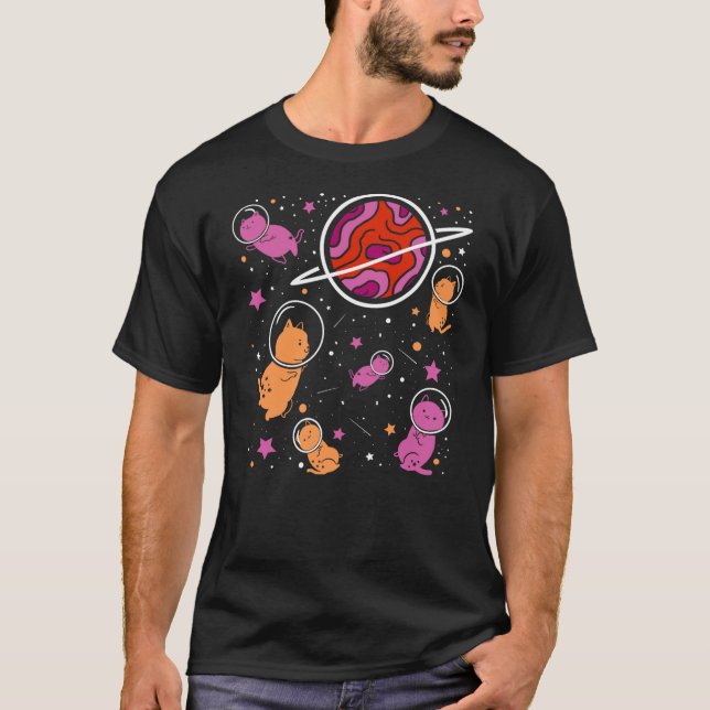 T-shirt Lesbian Cat in Space Orange Pink Lesbian Pride (Devant)
