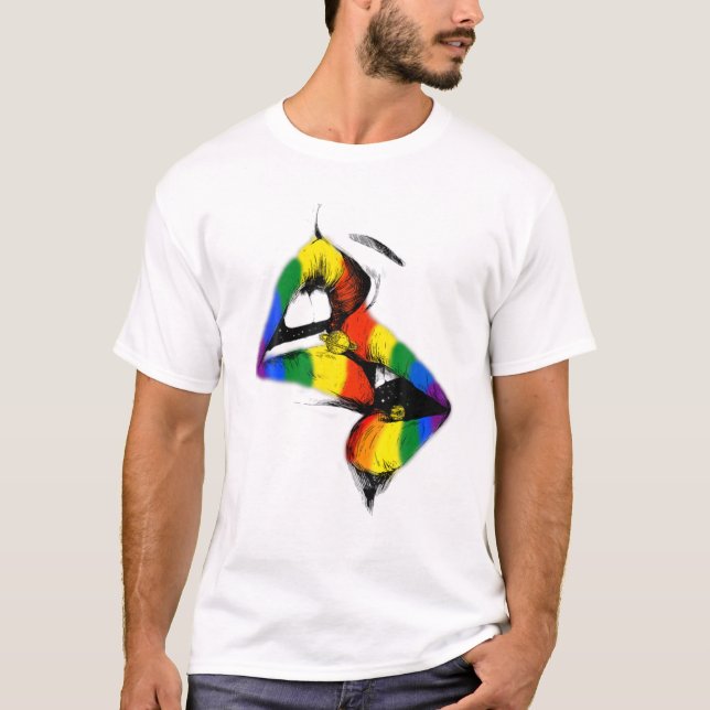 T-shirt Lesbian Lips Kissing Rainbow Gay pride Drapeau LGB (Devant)
