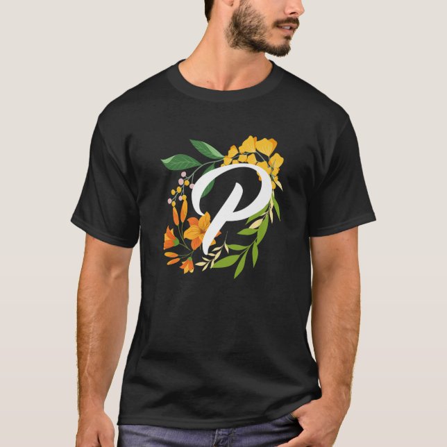 T-shirt Letter P Capital Alphabet Flowers Monogram Initial (Devant)