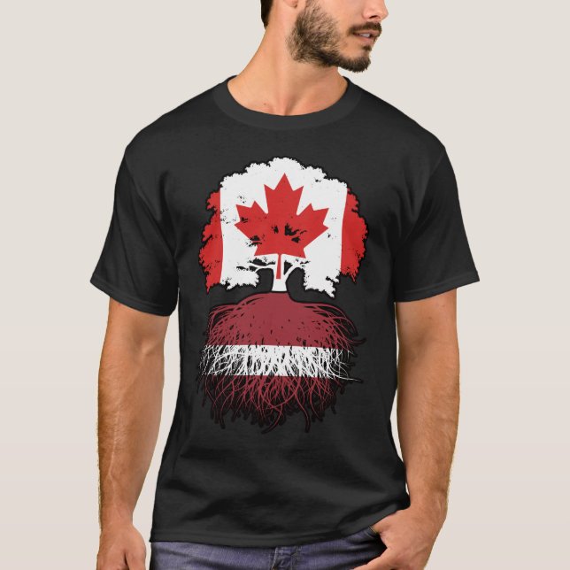 T-shirt Lettonie Drapeau canadien letton des racines d'arb (Devant)
