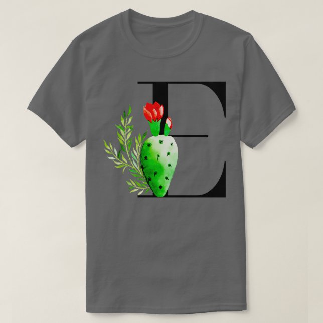 T-shirt Lettre alphabet E avec cactus aquarelle et quitter (Design devant)