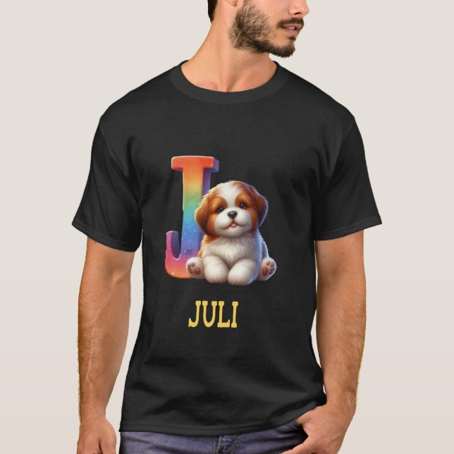 T-shirt LETTRE CHIENS DE COUTE Nom Julien Chien arc-en-cie (Devant)