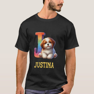T-shirt Lettre Chiens mignons Justina Nom Chien arc-en-cie